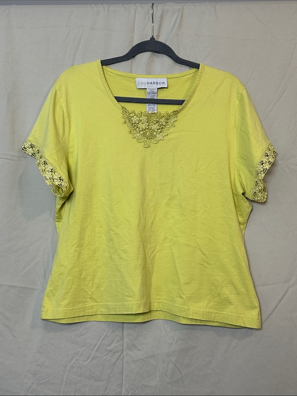 Sag Harbor Lime-Yellow Lace Accent Short Sleeve Tee